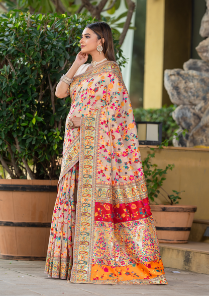 Cream Cotton Silk Pashmina Sarees with Kashmiri Modal Weaving