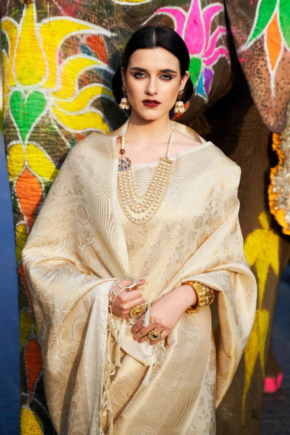 Golden White Banarasi Special Wedding Edition Silk Saree with Zari Work