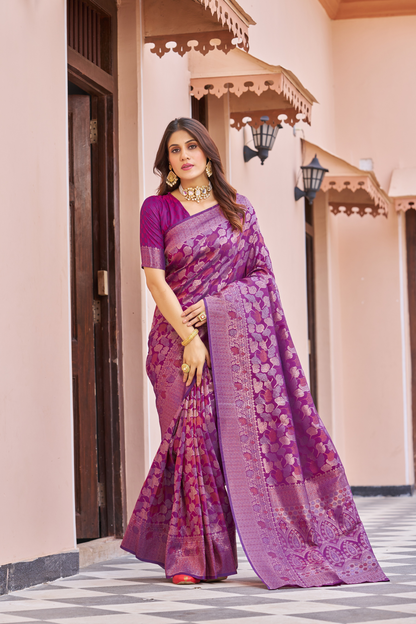 Mulberry Magenta Designer Banarasi Ethnic Soft Silk Saree with Zari Work