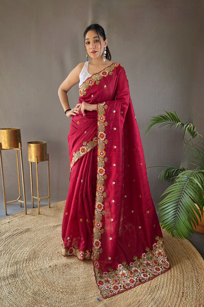 Crimson Red Embroidered Pure Tussar Silk Saree