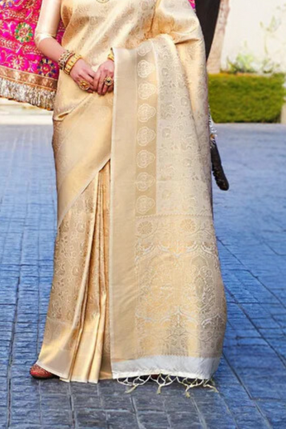 Golden White Banarasi Special Wedding Edition Silk Saree with Zari Work