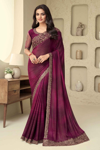 Wine Silk Pattern Saree With Embroidery Work