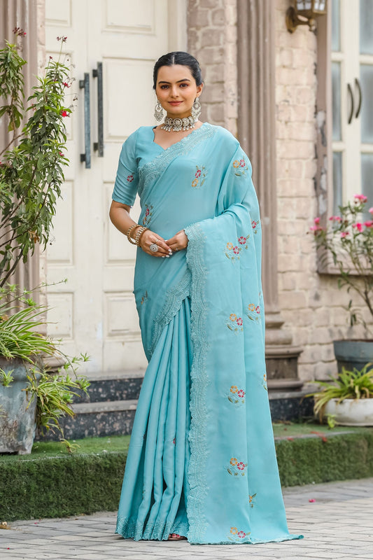 Sky Floral Embroidered Tussar Cotton Saree