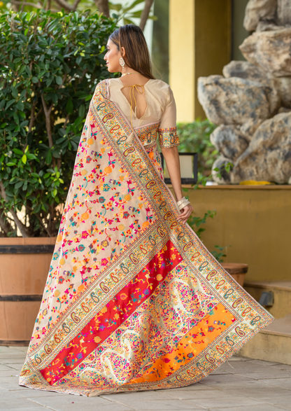 Cream Cotton Silk Pashmina Sarees with Kashmiri Modal Weaving