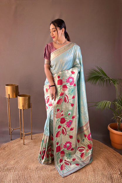 Light Blue Soft Paithani Silk Saree with Traditional Patterns