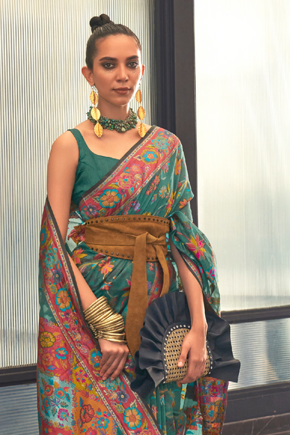 Dark Green Kashmiri Cotton Silk Saree with Handloom Weaving