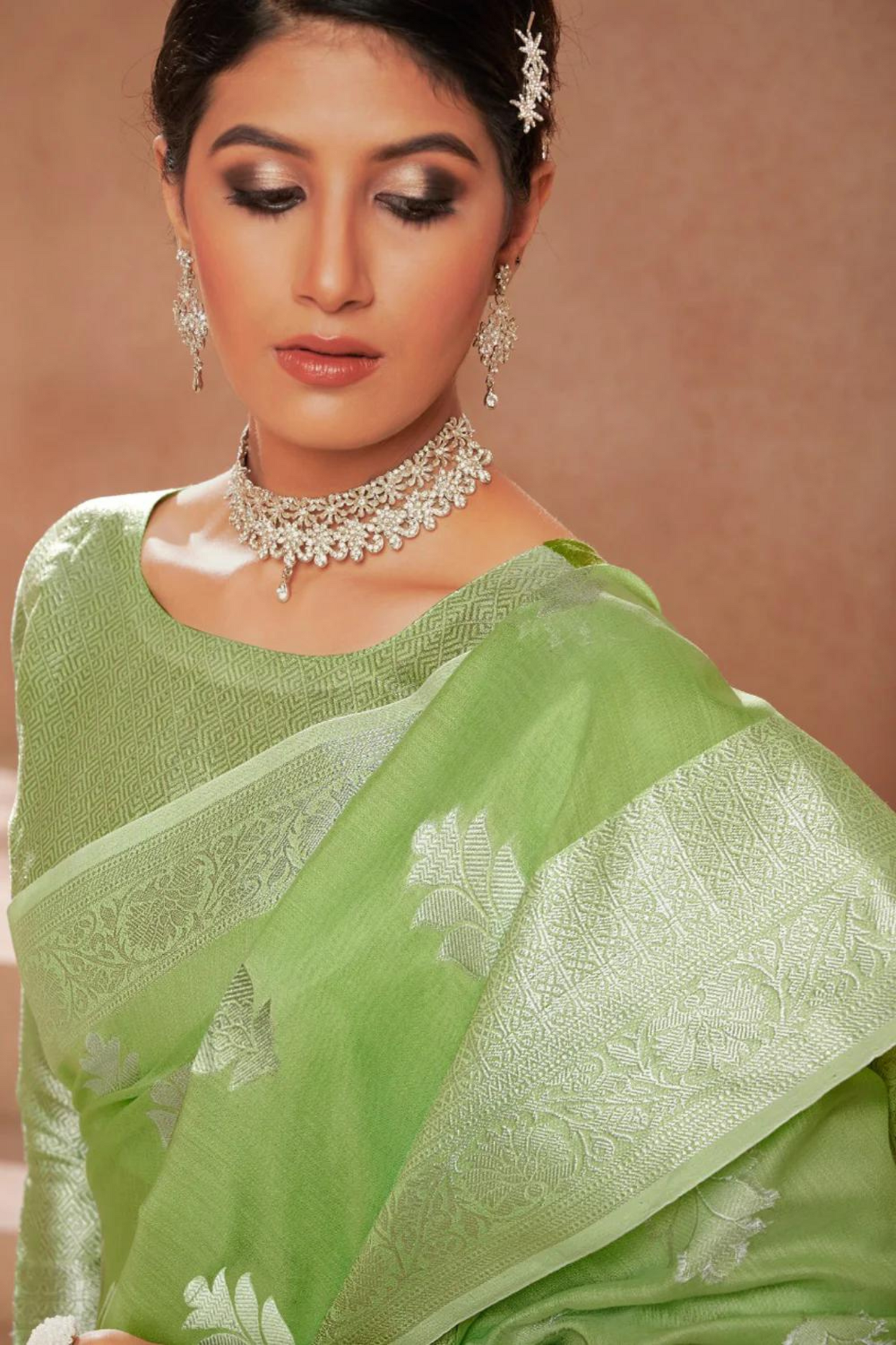 Lime Green Linen Silk with Silver Zari Weaving Border
