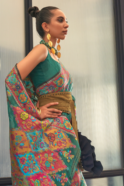 Dark Green Kashmiri Cotton Silk Saree with Handloom Weaving