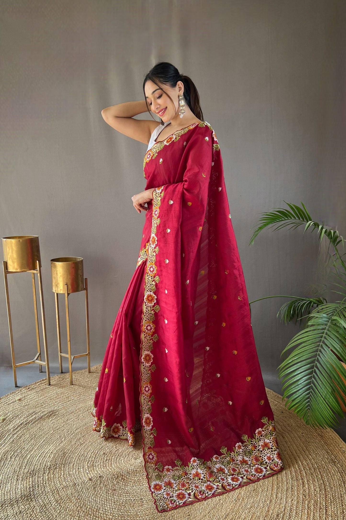 Crimson Red Embroidered Pure Tussar Silk Saree
