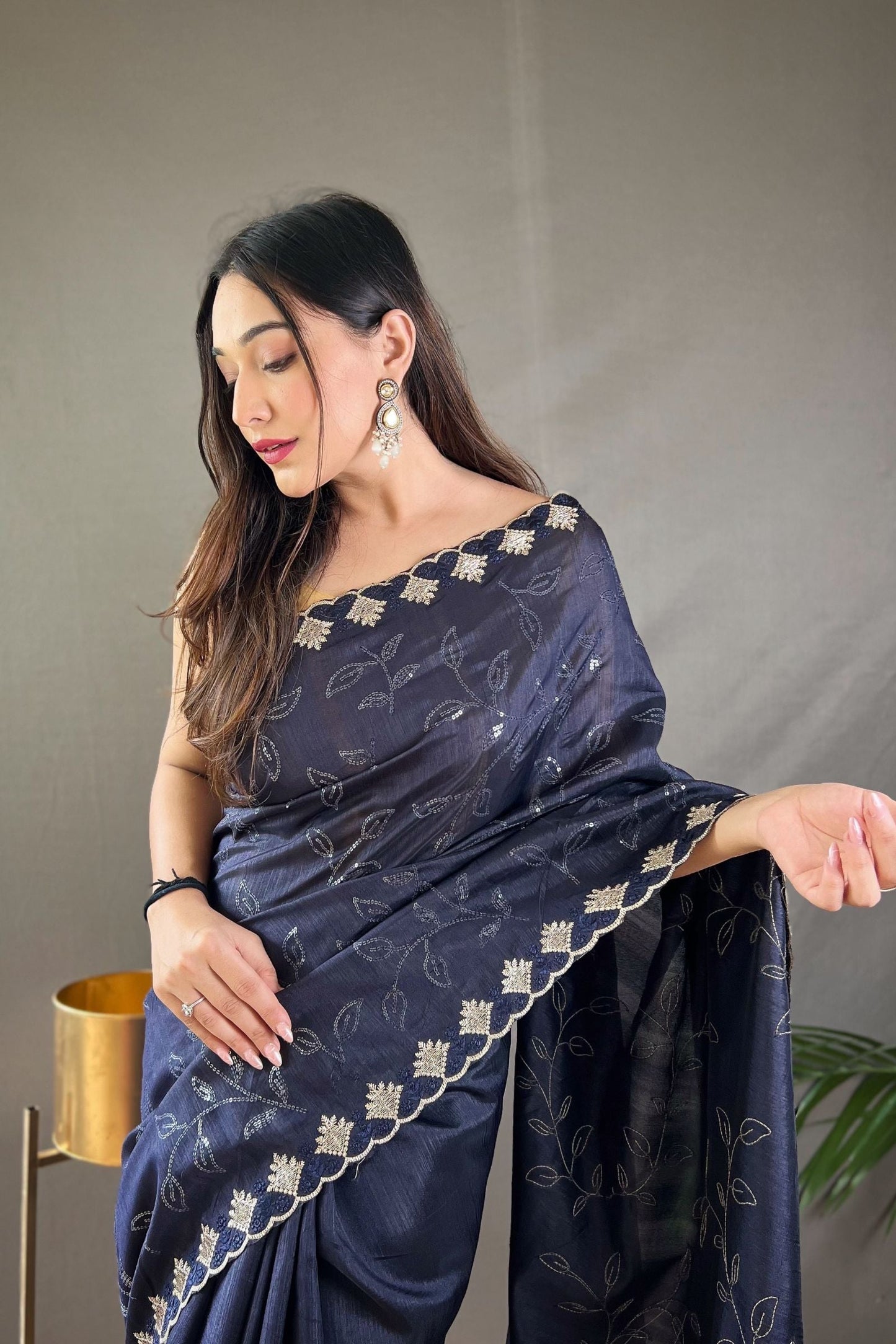 Black Sequins Work Silk Saree with Embroidered Border