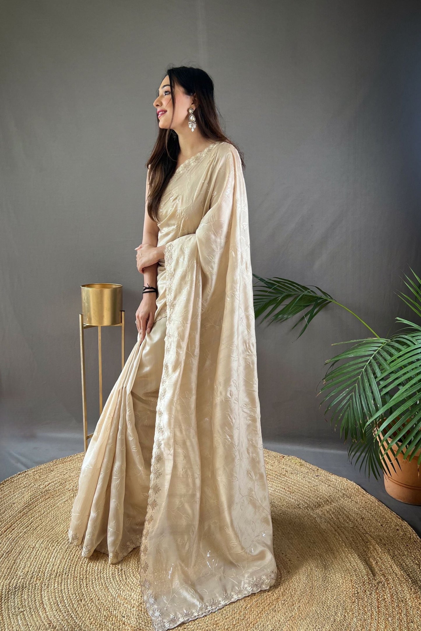 Chickoo Sequins Work Silk Saree with Embroidered Border