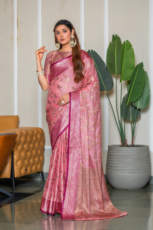 Pink Banarasi Pure Satin Silk with Graceful Zari Work Border