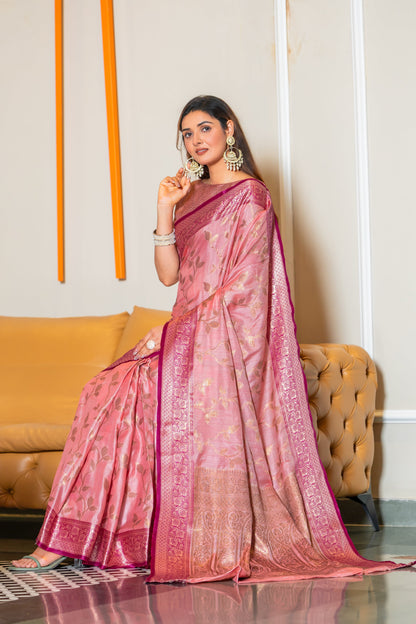 Pink Banarasi Pure Satin Silk with Graceful Zari Work Border