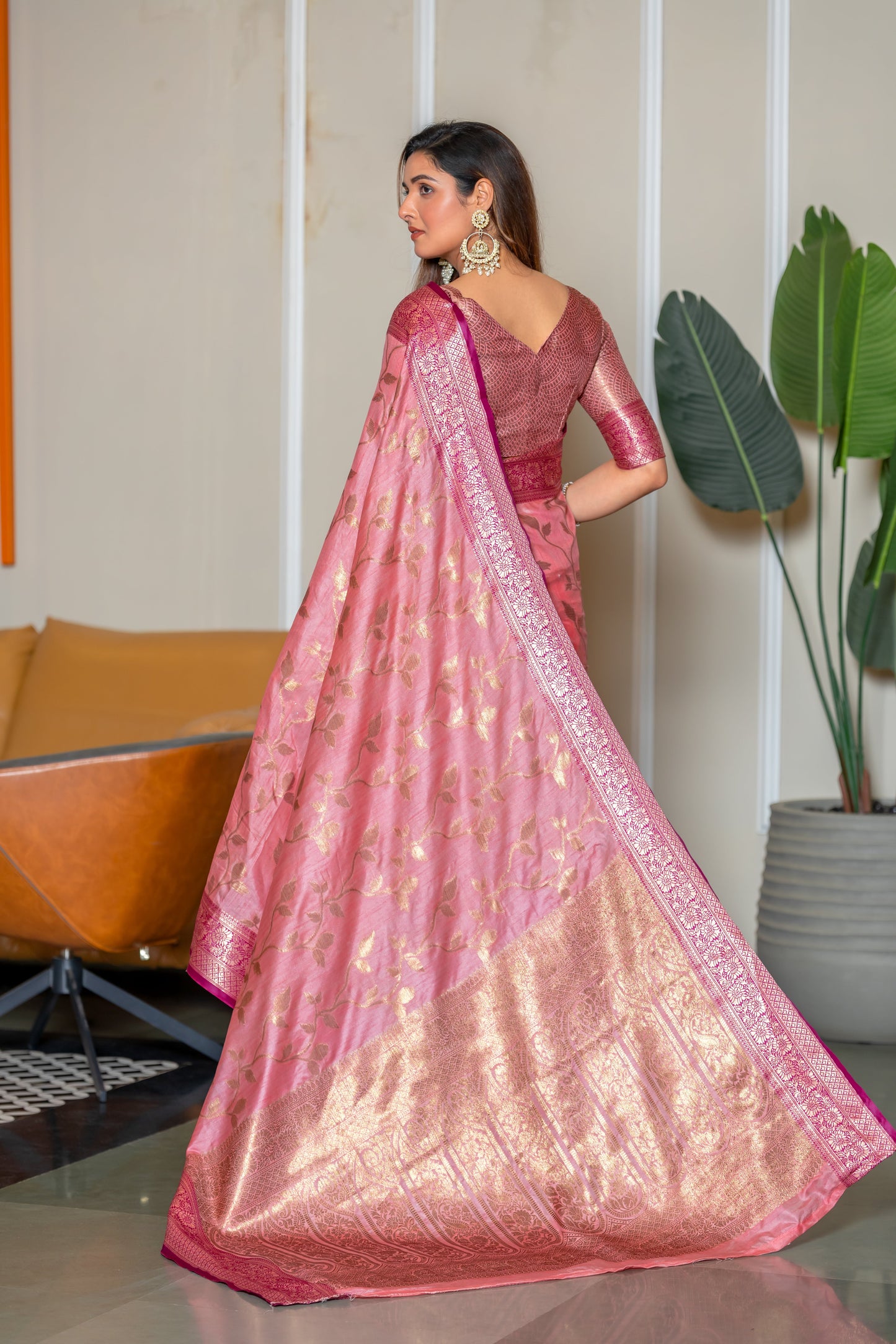 Pink Banarasi Pure Satin Silk with Graceful Zari Work Border