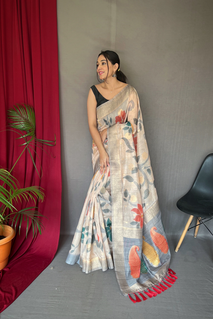 Grey Chanderi Silk Digital Print Saree