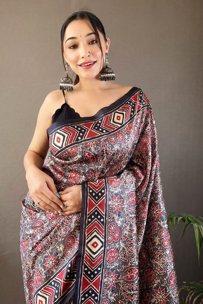 Grey Digital Printed Silk Saree