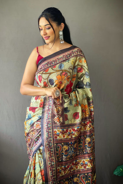 Mint Green Kalamkari Digital Printed Cotton Saree