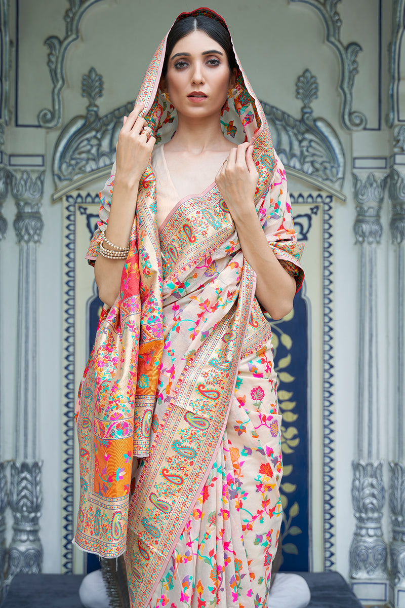 Cream Cotton Silk Pashmina Sarees with Kashmiri Modal Weaving