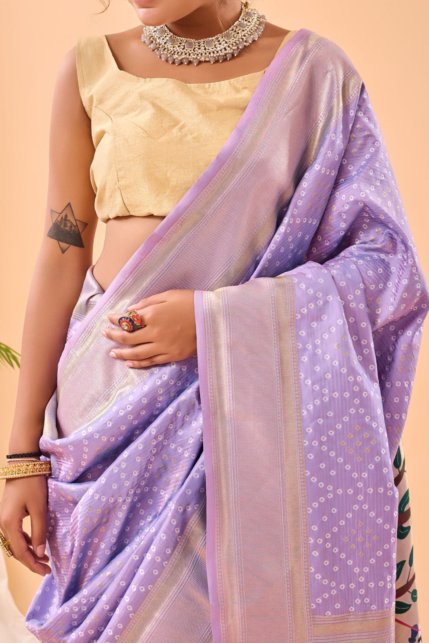 Lavender Bandhani Weaving Paithani Silk Saree