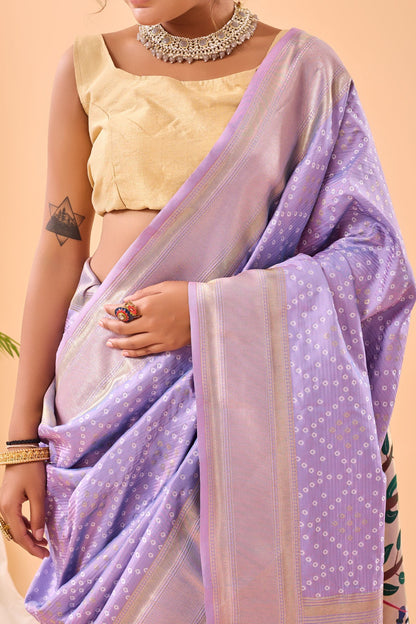 Lavender Bandhani Weaving Paithani Silk Saree