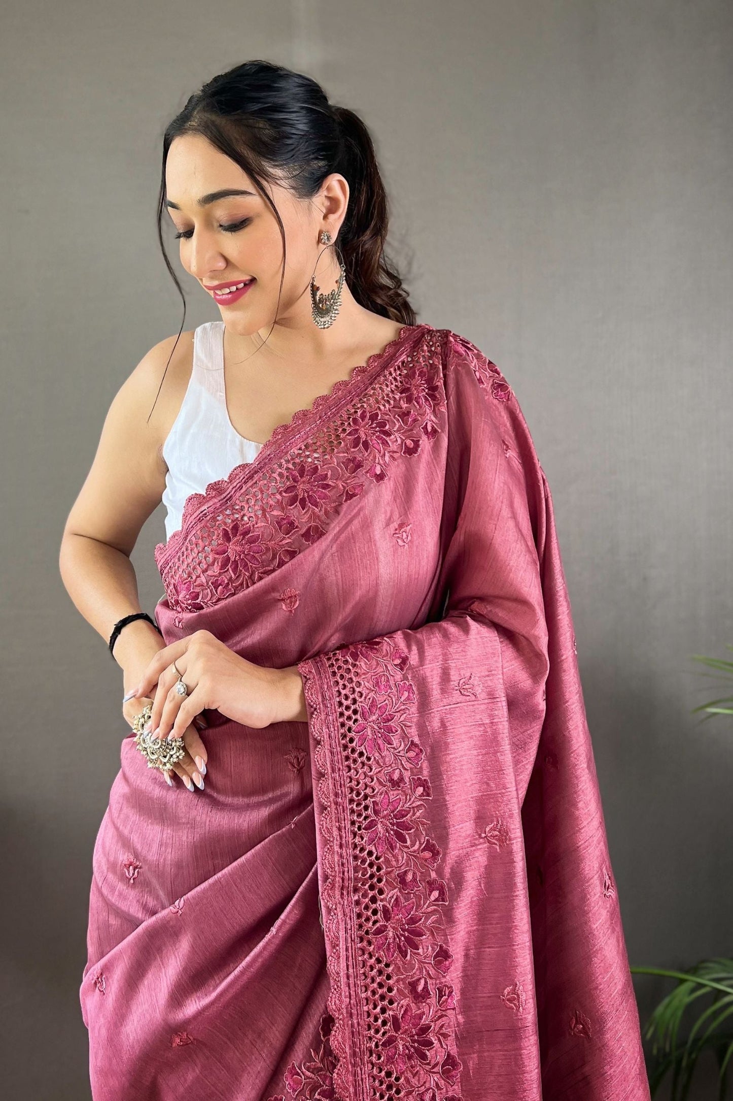 Wine Matka Soft Silk Saree with Floral Cutwork Border