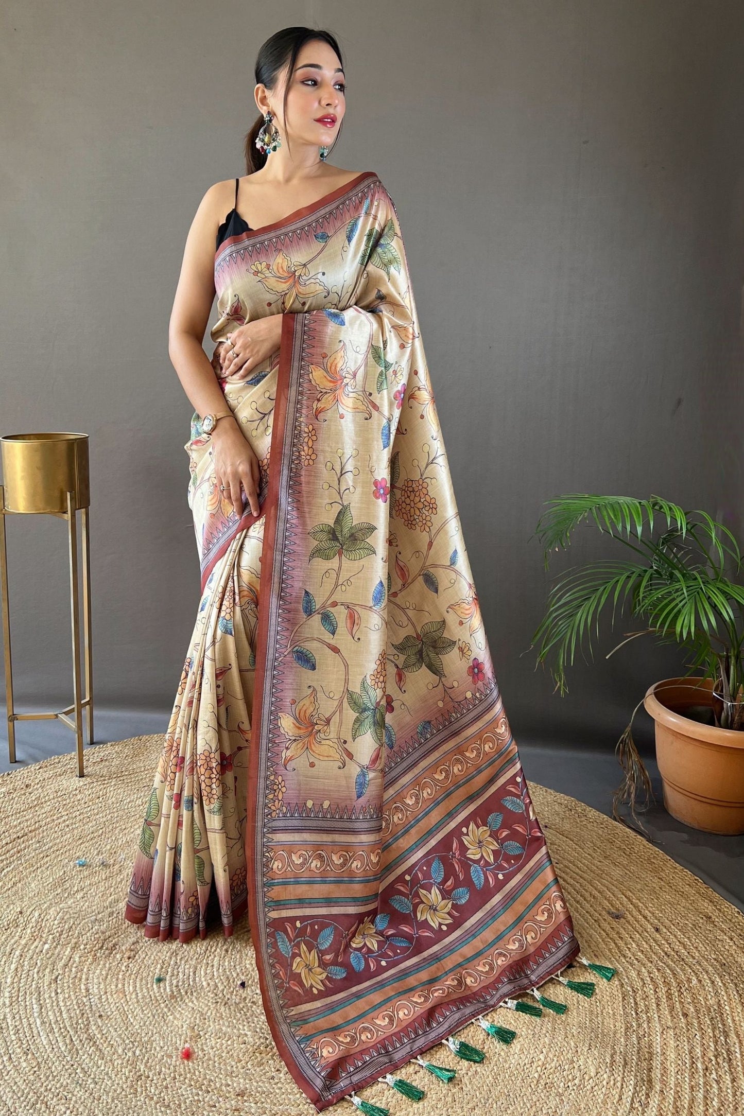Maroon Kalamkari Printed Silk Saree with Tassels