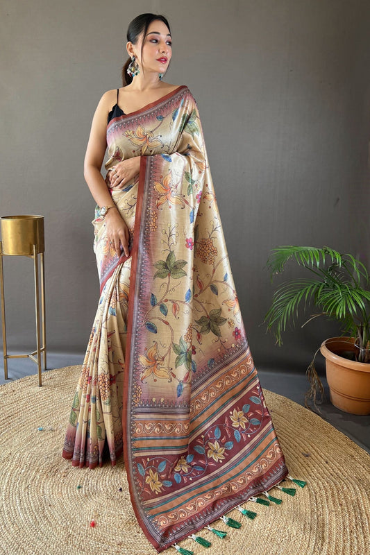 Maroon Kalamkari Printed Silk Saree with Tassels