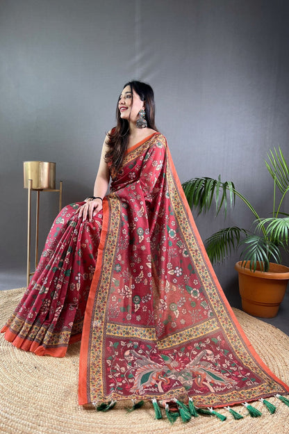 Maroon Kalamkari Printed Malai Cotton Saree