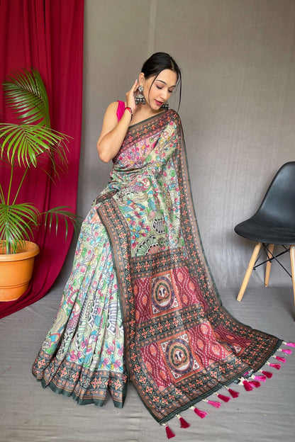 Mint Green Kalamkari Printed Malai Cotton Saree