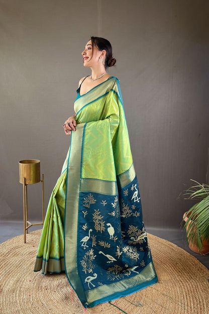Neon Green Zig Zag Zari Soft Silk Saree