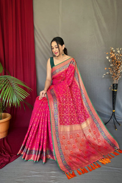Rose Pink Patola Silk Saree with Flower Patola Fusion