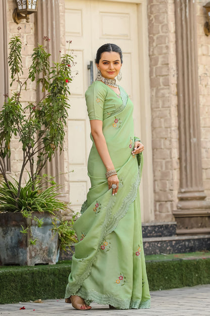 Pista Floral Embroidered Tussar Cotton Saree