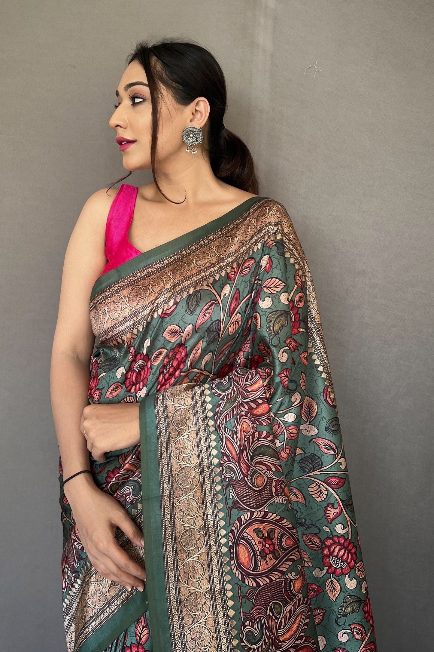 Rama Soft Silk Saree with Kalamkari Fusion Print