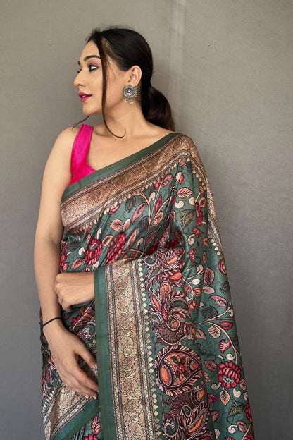 Rama Soft Silk Saree with Kalamkari Fusion Print