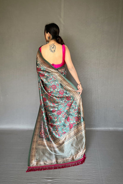 Rama Soft Silk Saree with Kalamkari Fusion Print