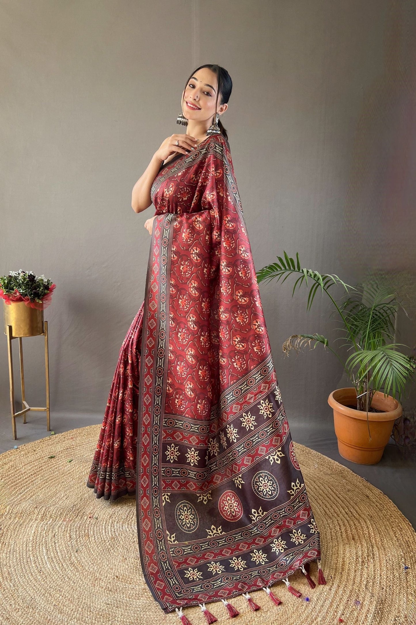 Maroon Digital Printed Silk Saree