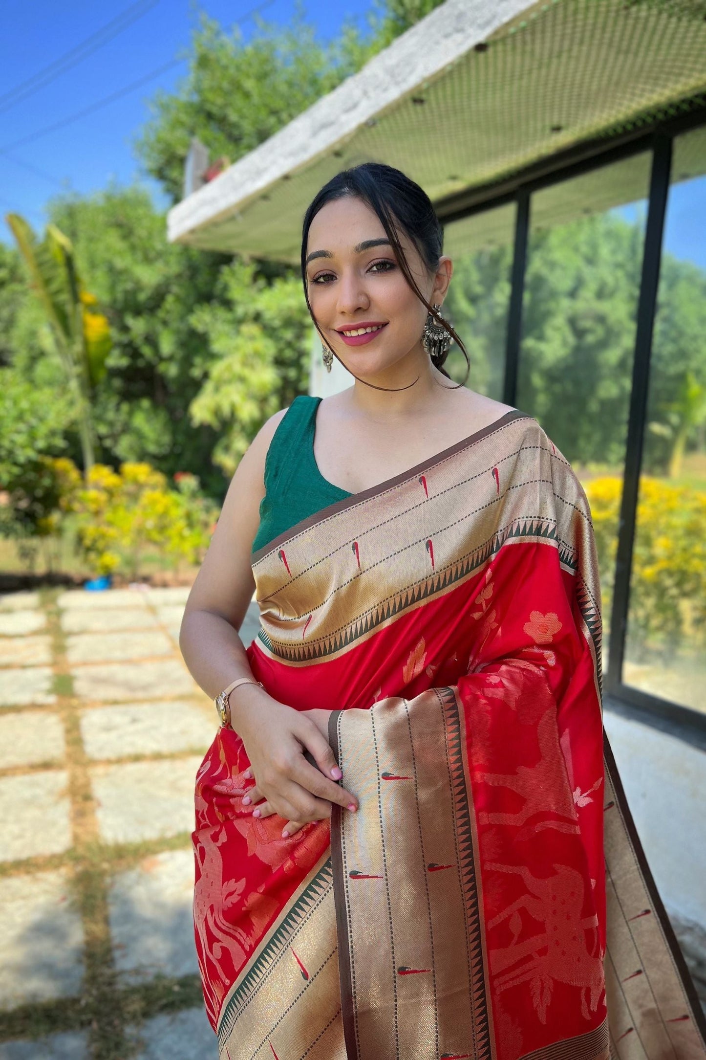 Red Zari Woven Soft Paithani Silk Saree with Traditional Pattern