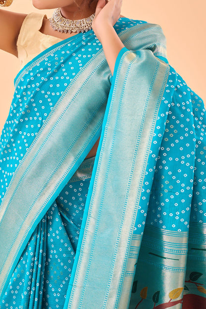 Sky Bandhani Weaving Paithani Silk Saree