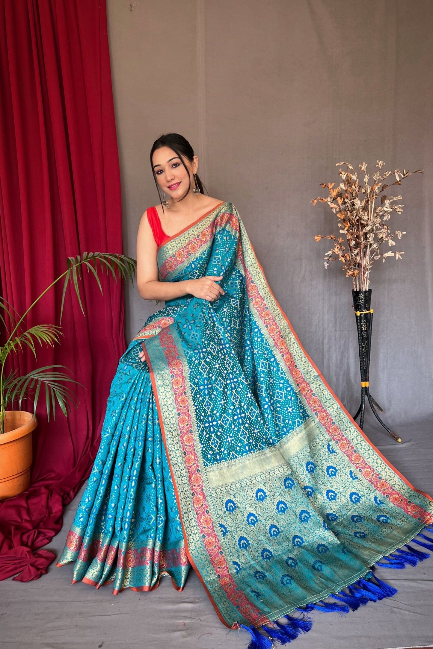 Ocean Blue Patola Silk Saree with Flower Patola Fusion