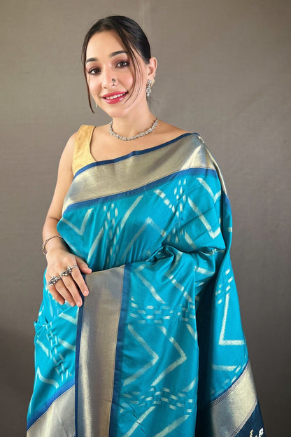 Turquoise Zig Zag Zari Soft Silk Saree