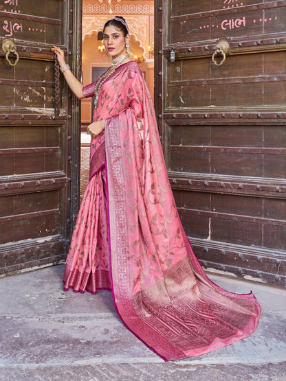 Pink Banarasi Pure Satin Silk with Graceful Zari Work Border