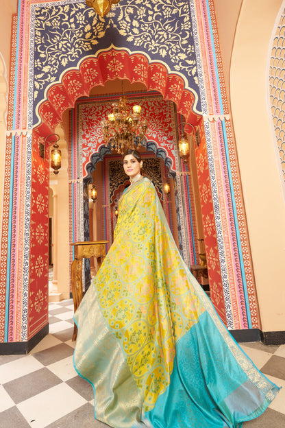 Yellow Banarasi Pure Soft Silk Saree with Zari Border