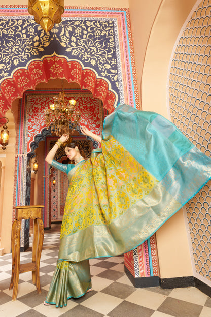 Yellow Banarasi Pure Soft Silk Saree with Zari Border