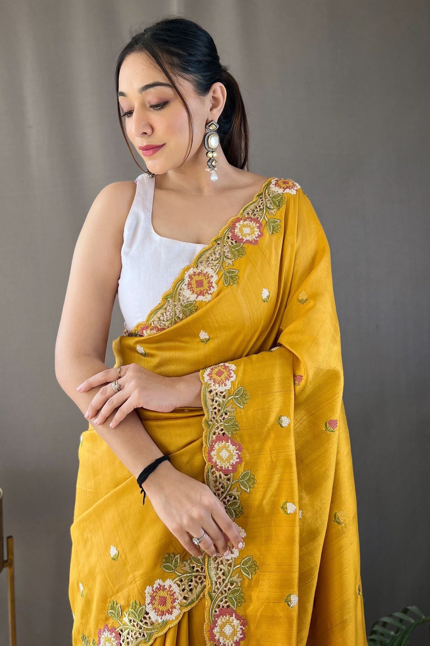 Mustard Yellow Embroidered Pure Tussar Silk Saree