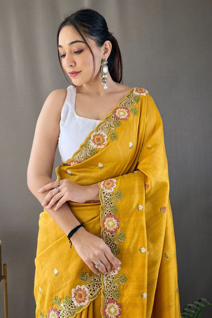Mustard Yellow Embroidered Pure Tussar Silk Saree