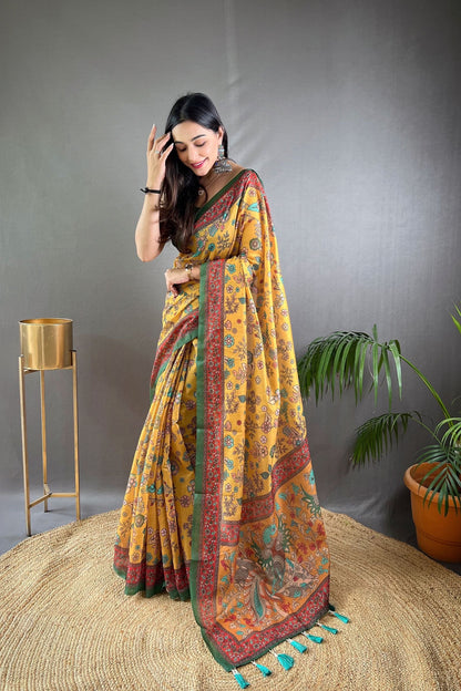Yellow Kalamkari Printed Malai Cotton Saree