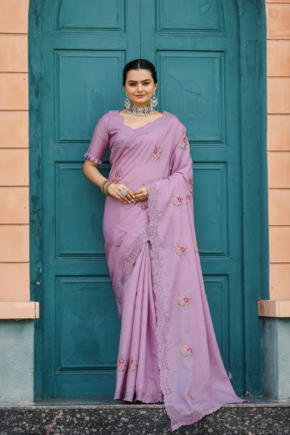 Lavender Floral Embroidered Tussar Cotton Saree