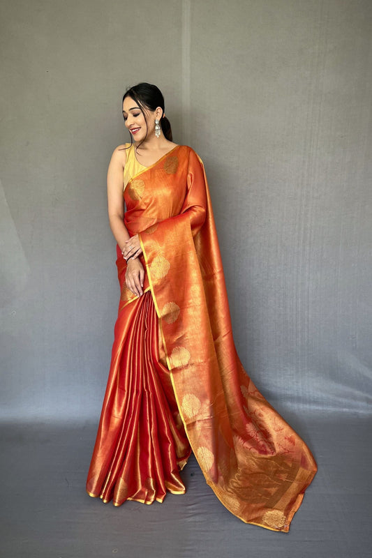 Orange Jacquard Woven Tissue Silk Saree