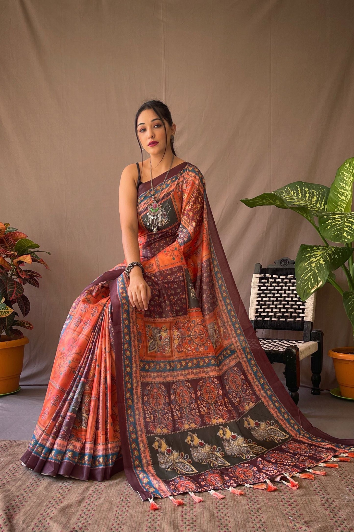 Tangerine Traditional Kalamkari Digital Printed Soft Cotton Saree