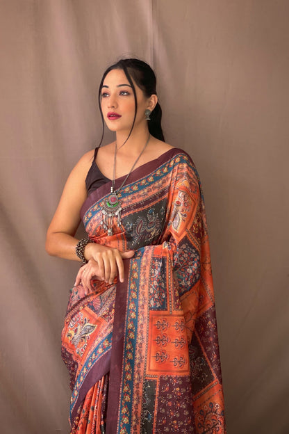 Tangerine Traditional Kalamkari Digital Printed Soft Cotton Saree